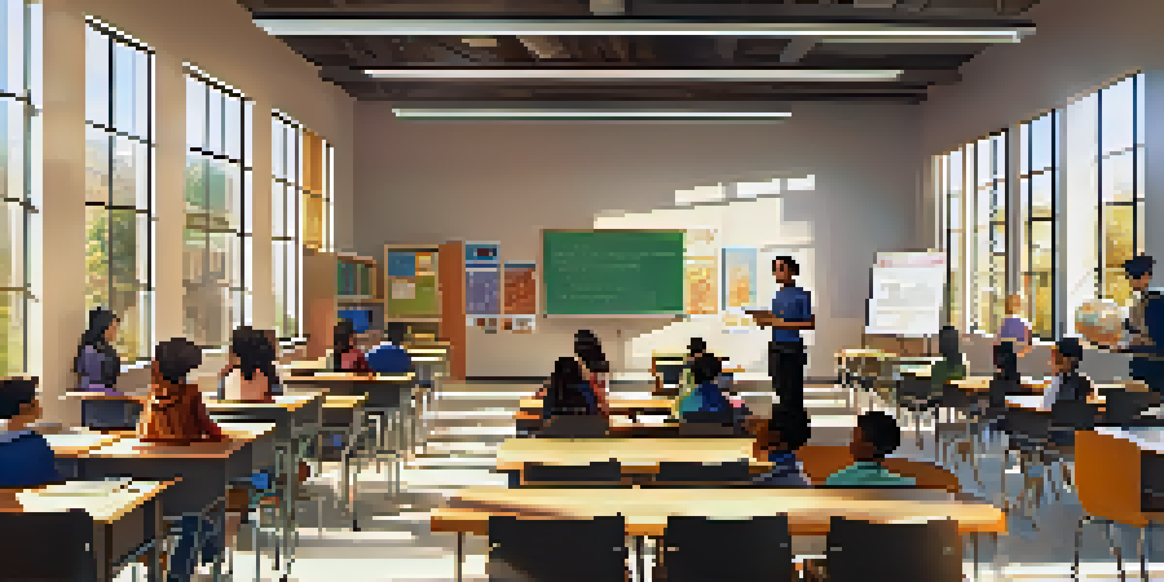 A diverse group of students in a modern classroom, engaged in blended learning with laptops and textbooks, illuminated by natural light.