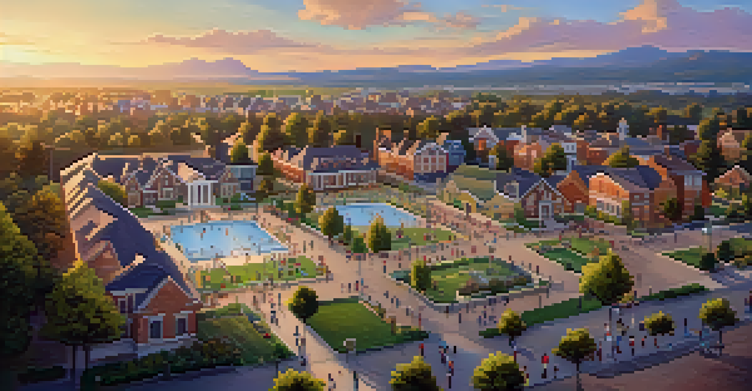 Aerial view of a lively town showing schools, parks, and government buildings with families enjoying outdoor activities during sunset.