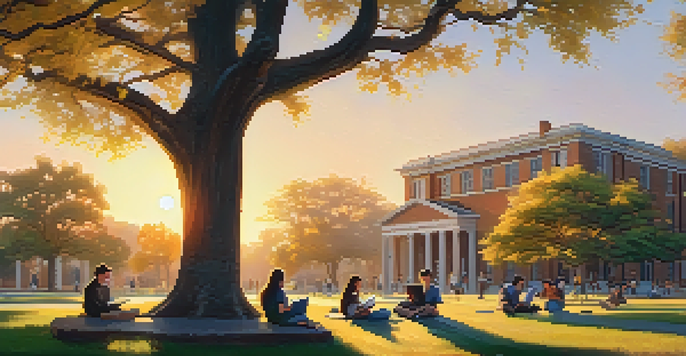 A diverse group of students studying together under a large oak tree on a university campus at sunset, surrounded by classic architecture and blooming flowers.
