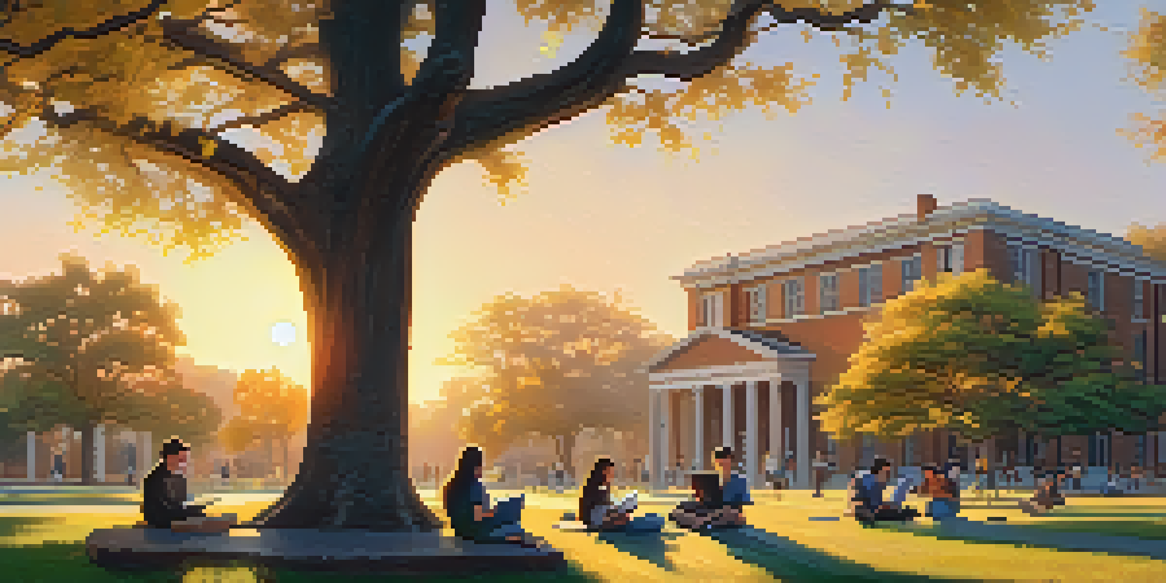 A diverse group of students studying together under a large oak tree on a university campus at sunset, surrounded by classic architecture and blooming flowers.