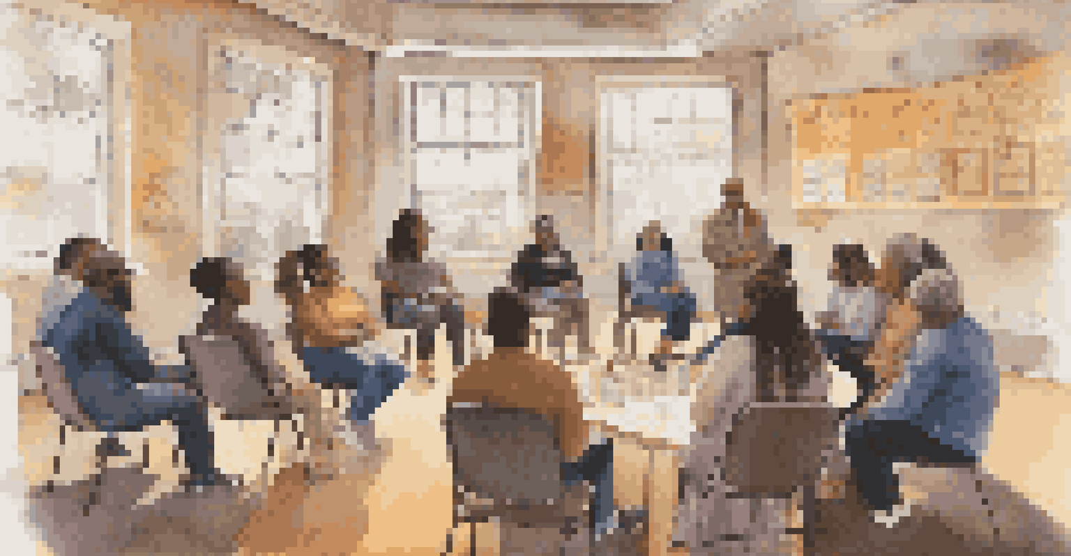 A community education workshop with adult learners discussing civic engagement in a cozy room.