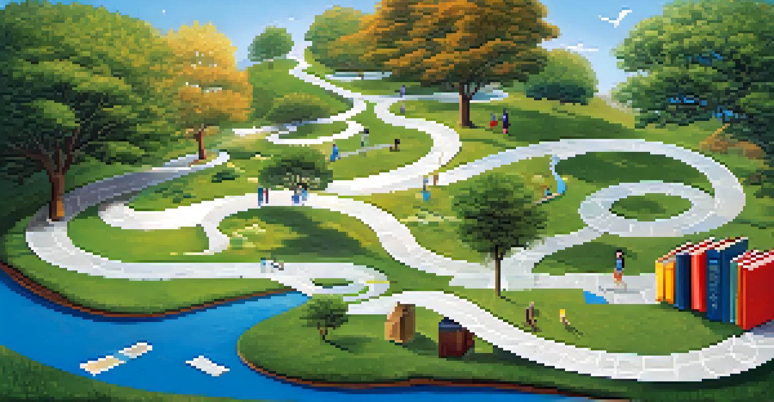 A colorful winding path symbolizing personalized learning paths, with different educational resources along the way in a serene landscape.