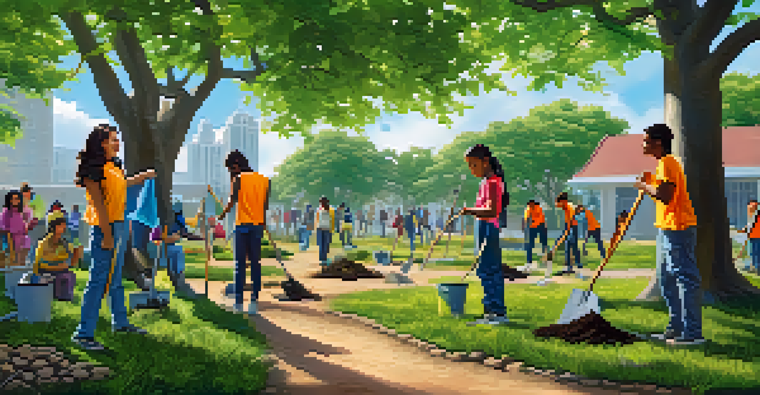A group of students participating in an outdoor environmental project, planting trees and cleaning a park under a clear blue sky.
