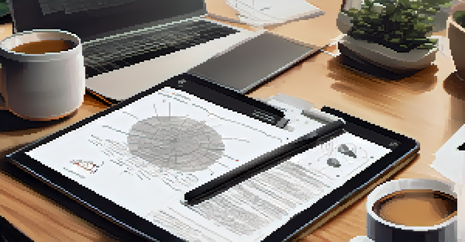 A tablet displaying a digital portfolio surrounded by research elements in a minimalist workspace.