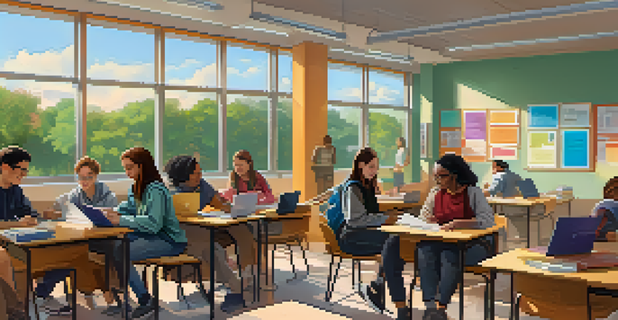 A classroom filled with diverse students working together, surrounded by open textbooks and technology, highlighting collaborative learning.