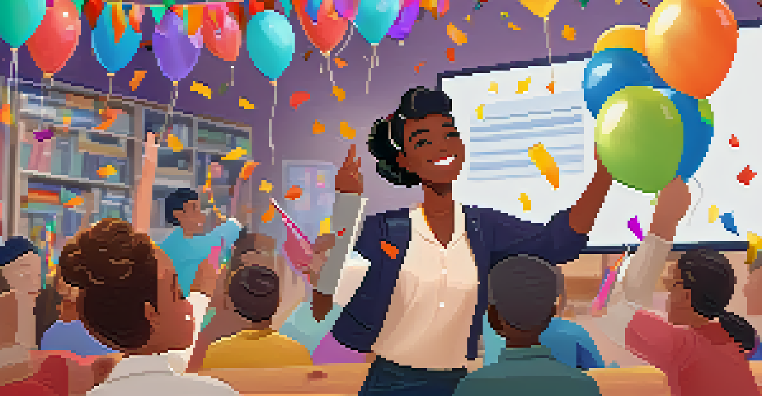 A teacher in a virtual classroom celebrating student achievements with digital badges and festive decorations, conveying a joyful environment.