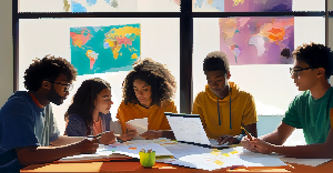 A diverse group of students collaborating on a project at a table, surrounded by colorful materials and natural light.