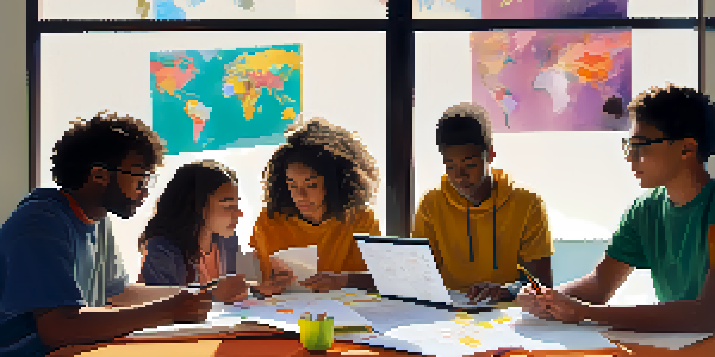 A diverse group of students collaborating on a project at a table, surrounded by colorful materials and natural light.