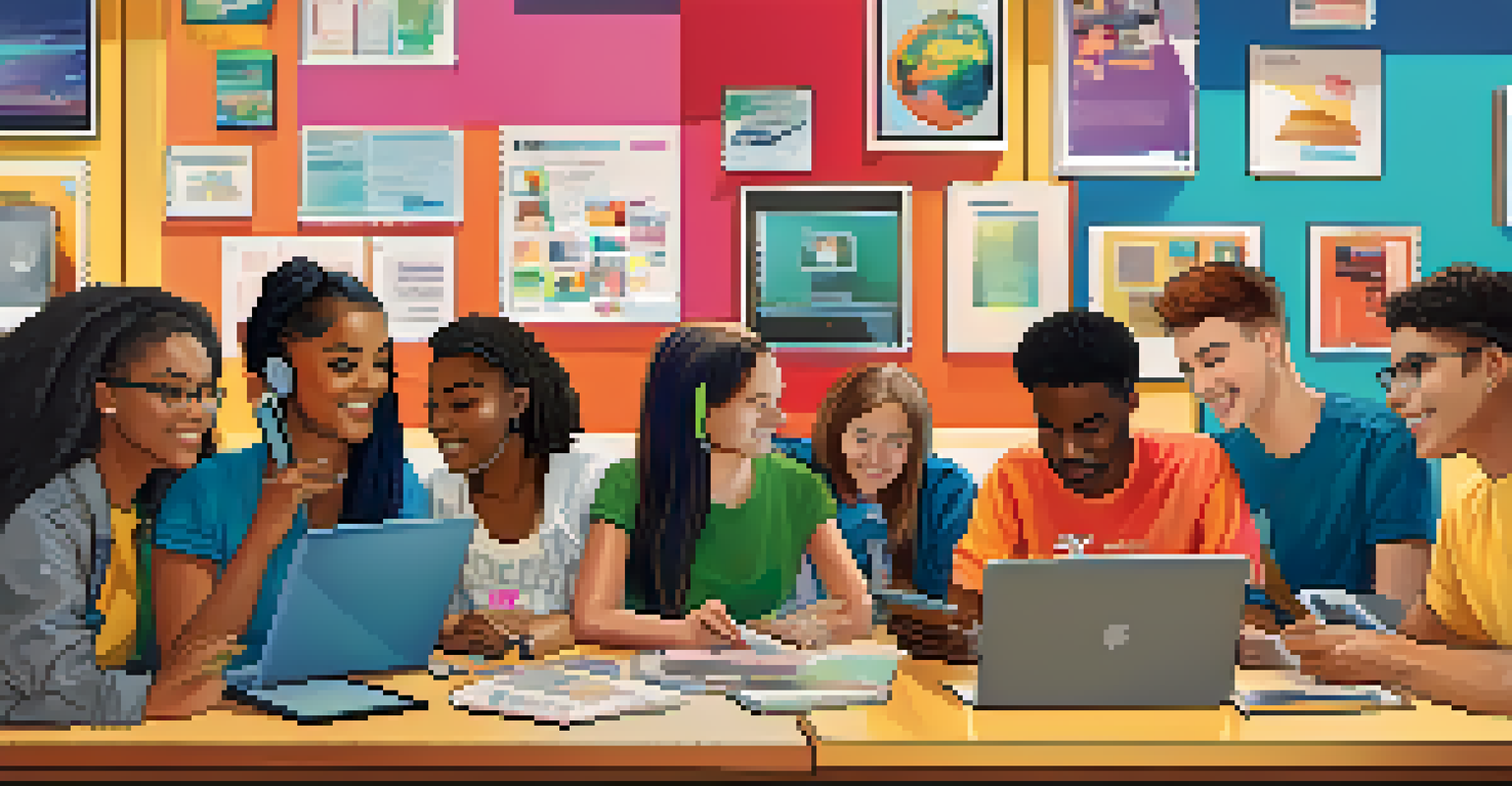 A diverse group of students engaged in a discussion around a table with laptops and smartphones, promoting collaboration and digital literacy.
