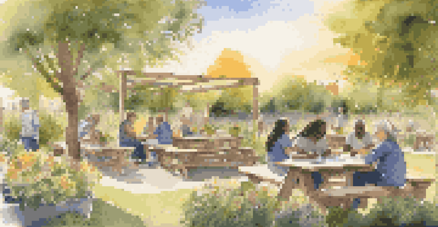 Adults participating in a literacy program in a community garden, surrounded by flowers and greenery during sunset.