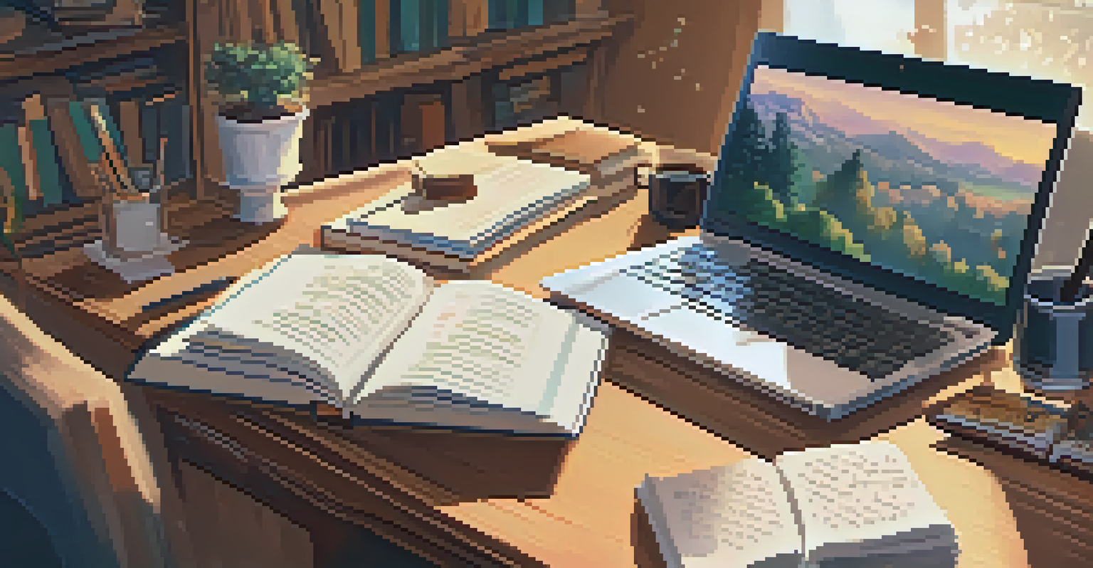 A close-up of a student's hands typing on a laptop with books and notes around, illuminated by warm lighting on a study desk.