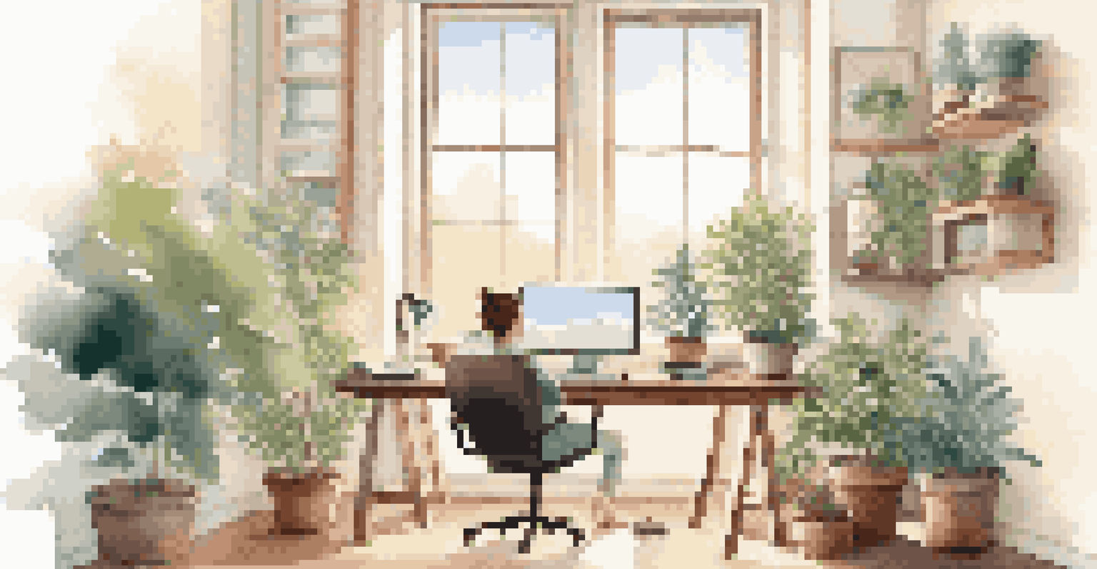 A minimalist workspace with a person practicing mindfulness before using a laptop, featuring a potted plant and a nature view through a window, bathed in soft morning light.