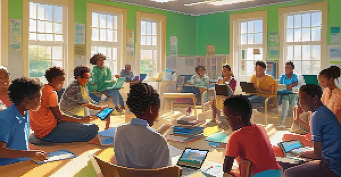 A diverse group of people participating in a digital literacy workshop in a bright community center, focused on their laptops with a facilitator guiding them.