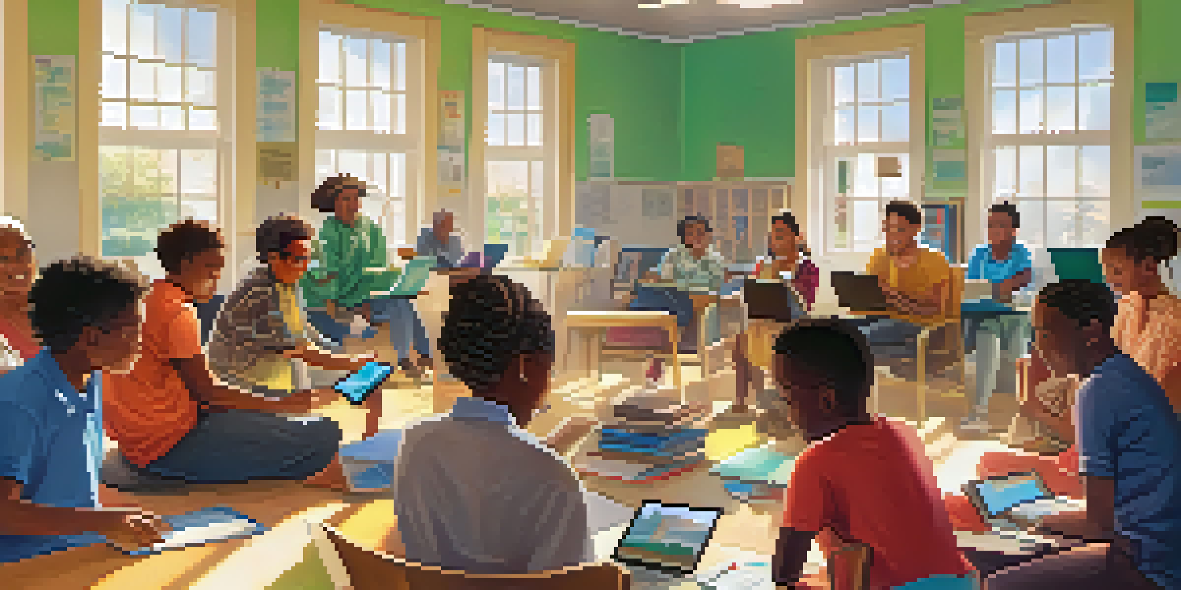 A diverse group of people participating in a digital literacy workshop in a bright community center, focused on their laptops with a facilitator guiding them.