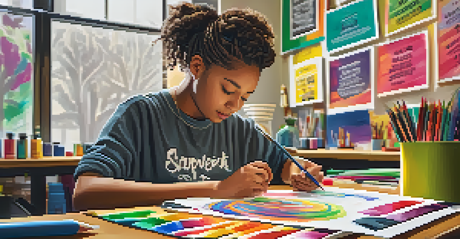 A student creating a personalized art project at a desk filled with art supplies in a warm, inspiring room.