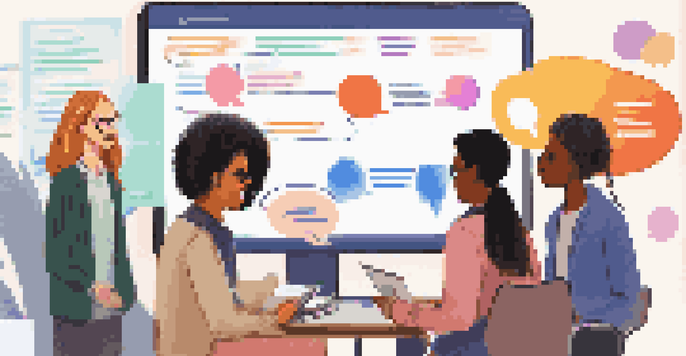 A diverse group of students participating in an online discussion, surrounded by colorful chat bubbles in a virtual classroom with educational content on a screen.