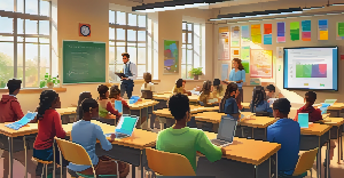 A vibrant classroom with students engaging with digital devices, while a teacher provides feedback, illuminated by natural light.