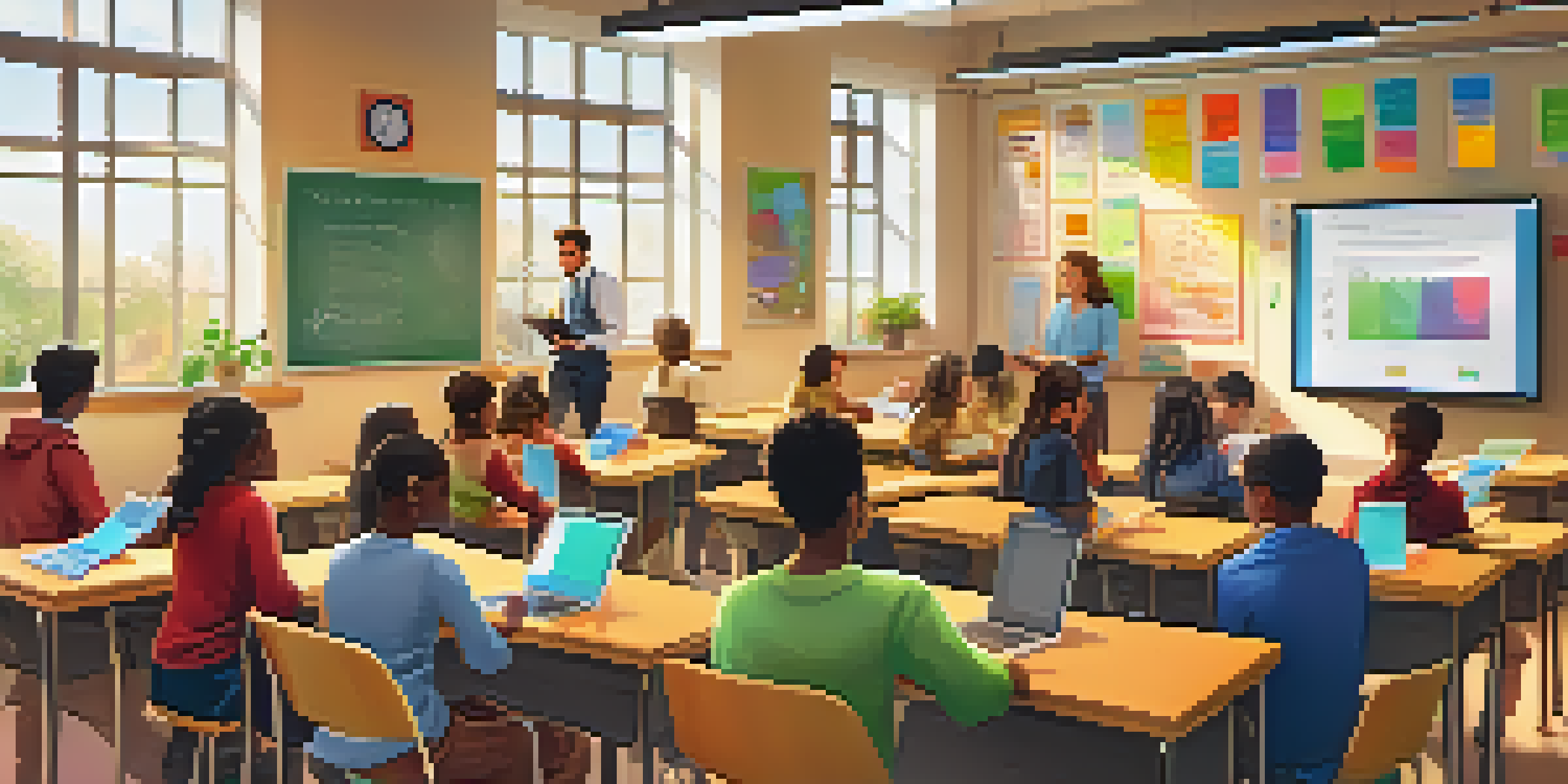 A vibrant classroom with students engaging with digital devices, while a teacher provides feedback, illuminated by natural light.