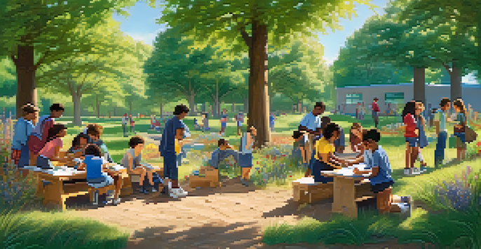 A diverse group of students working together in a lush outdoor classroom, surrounded by nature, showcasing teamwork and collaboration.