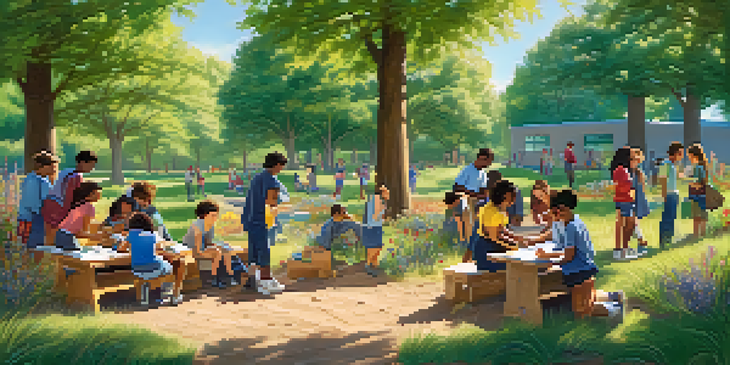 A diverse group of students working together in a lush outdoor classroom, surrounded by nature, showcasing teamwork and collaboration.