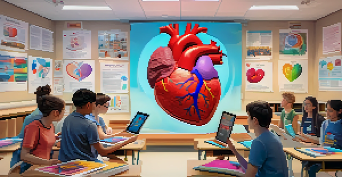 Students in a classroom using augmented reality to learn about the human heart, with a vivid 3D model displayed above a textbook.