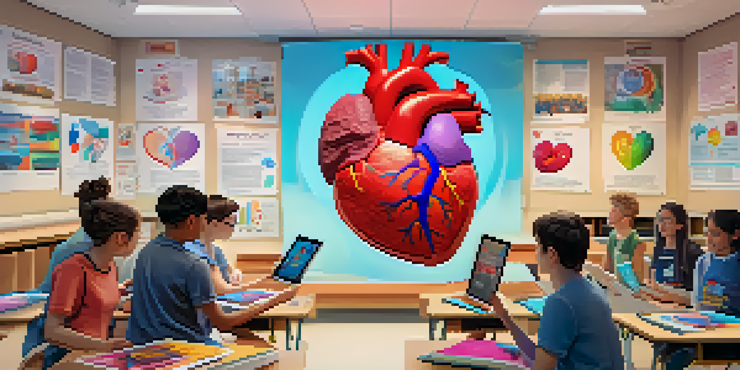 Students in a classroom using augmented reality to learn about the human heart, with a vivid 3D model displayed above a textbook.
