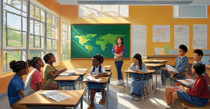 A bright classroom with students learning a language, a teacher at the whiteboard, and educational posters on the walls.