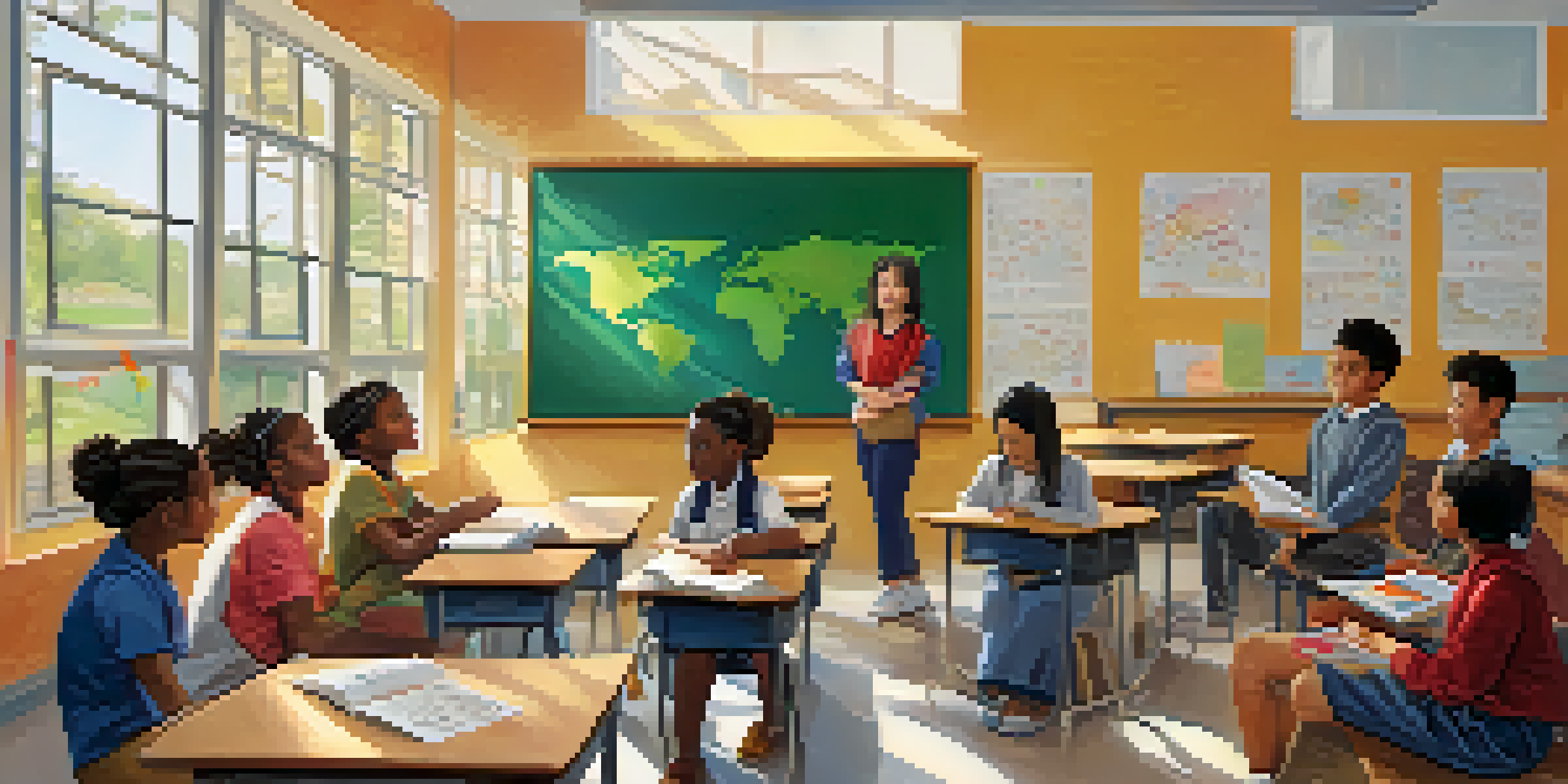 A bright classroom with students learning a language, a teacher at the whiteboard, and educational posters on the walls.