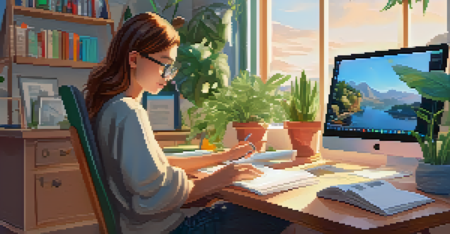 A student at home taking an online quiz on a laptop, in a bright and inviting study space filled with plants and books.