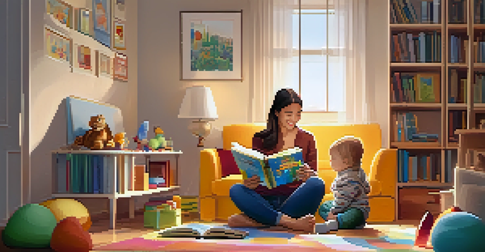 A parent reading a colorful book to a toddler in a cozy living room filled with toys.