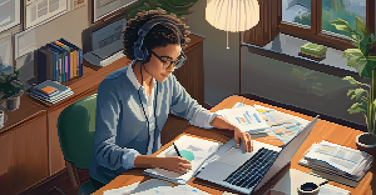 An aerial view of a person analyzing financial data on a laptop in a cozy home office.