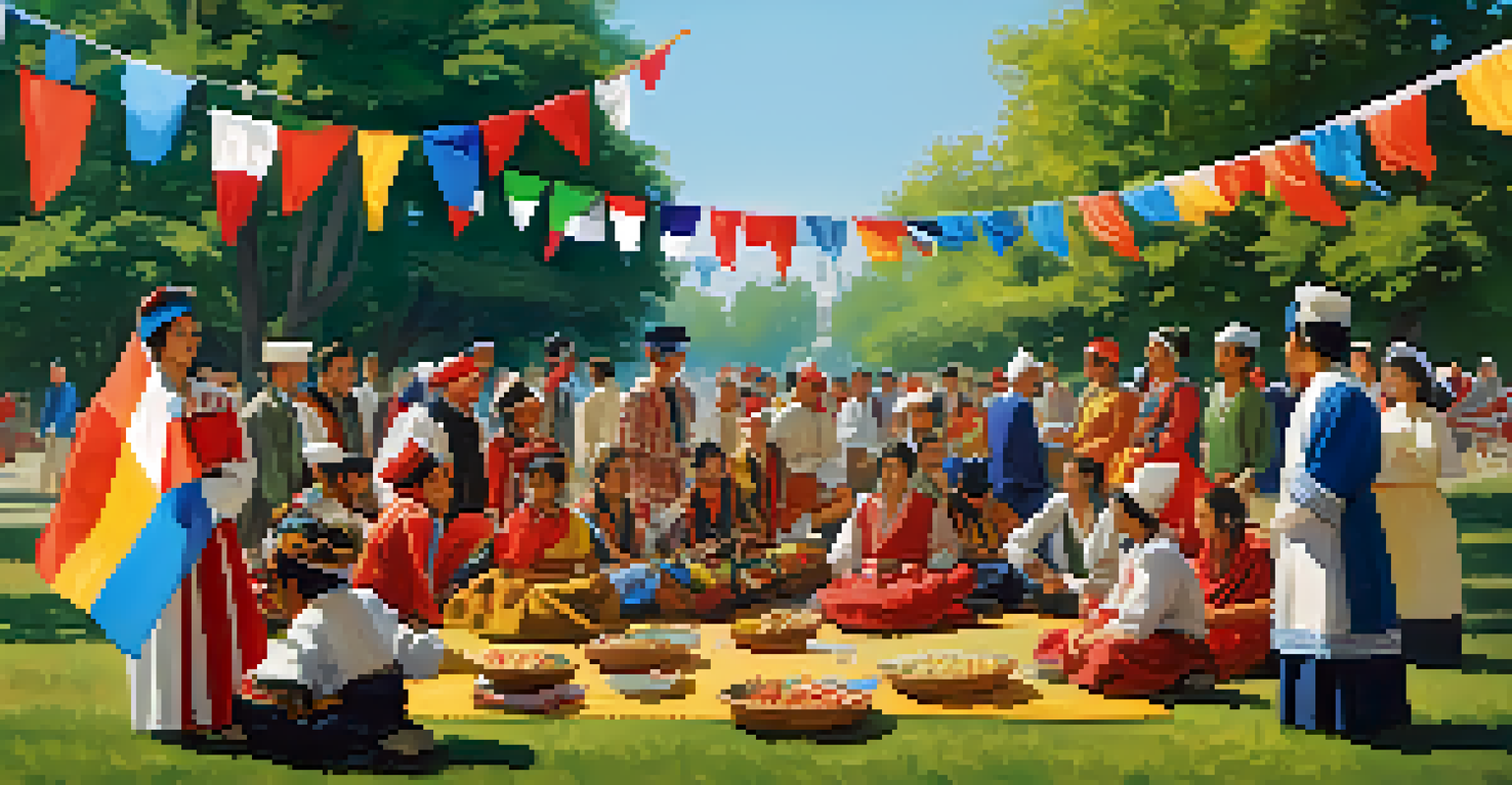 Students from different cultures sharing traditional foods and wearing cultural attire at an outdoor event in a park.