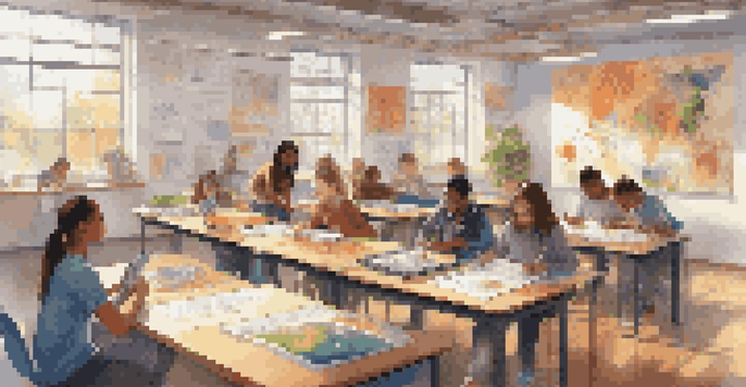 A diverse group of students collaborating in a colorful classroom on an interdisciplinary project with technology and art materials.