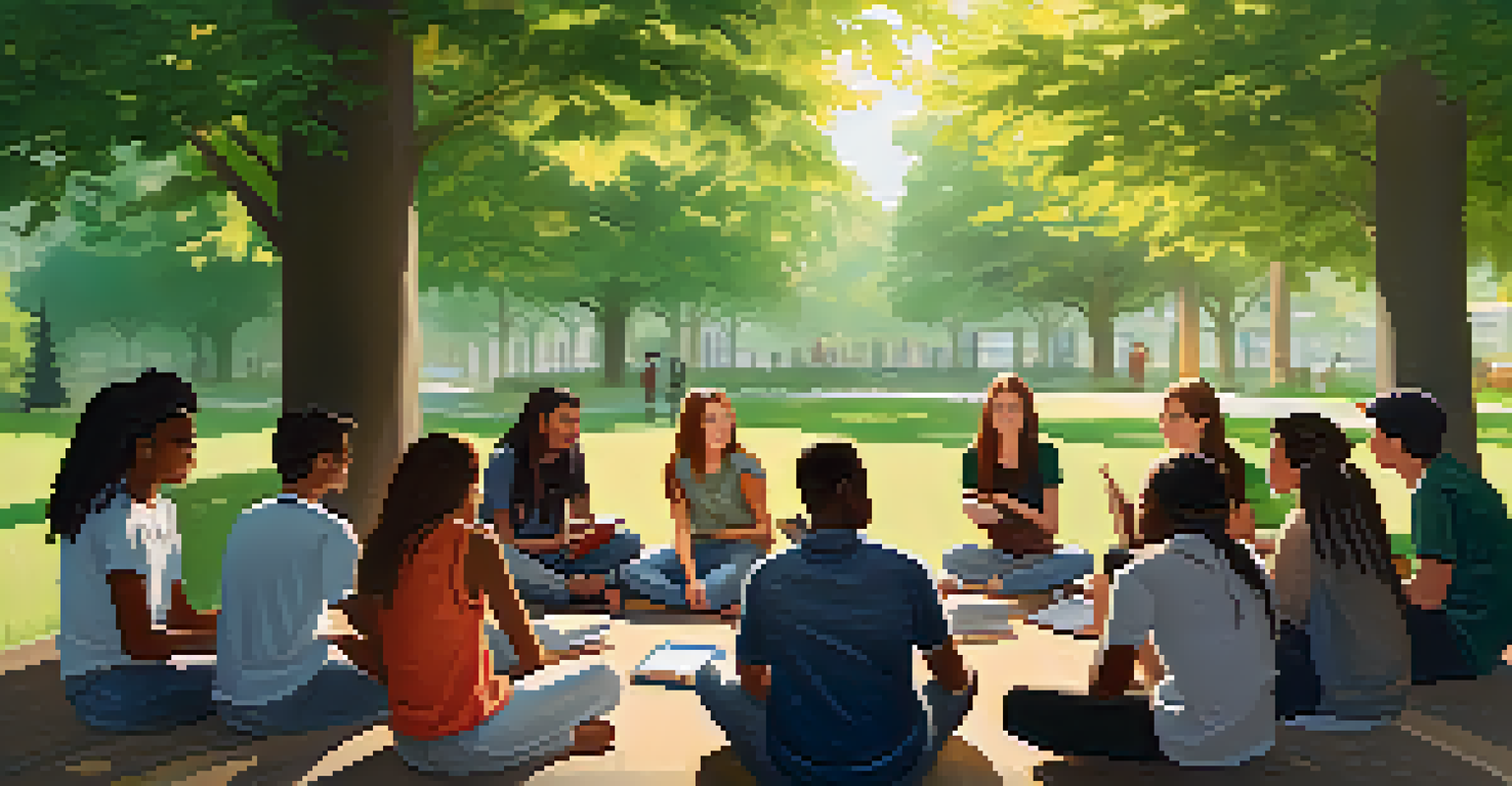 A diverse group of students discussing environmental issues outdoors, surrounded by trees and greenery, with notebooks in front of them.
