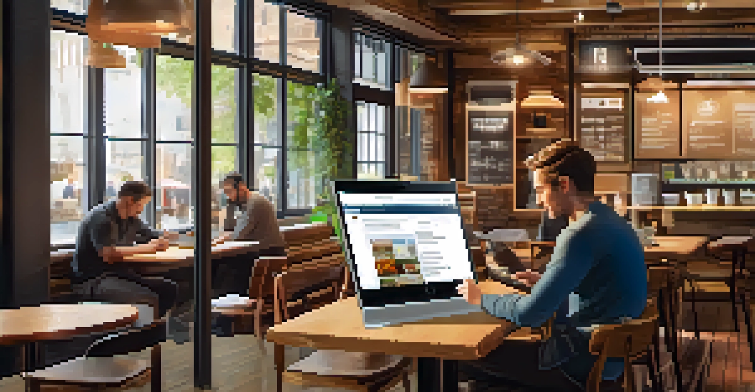 An individual in a coffee shop using a tablet with an LMS interface, surrounded by a cozy atmosphere and other people working.