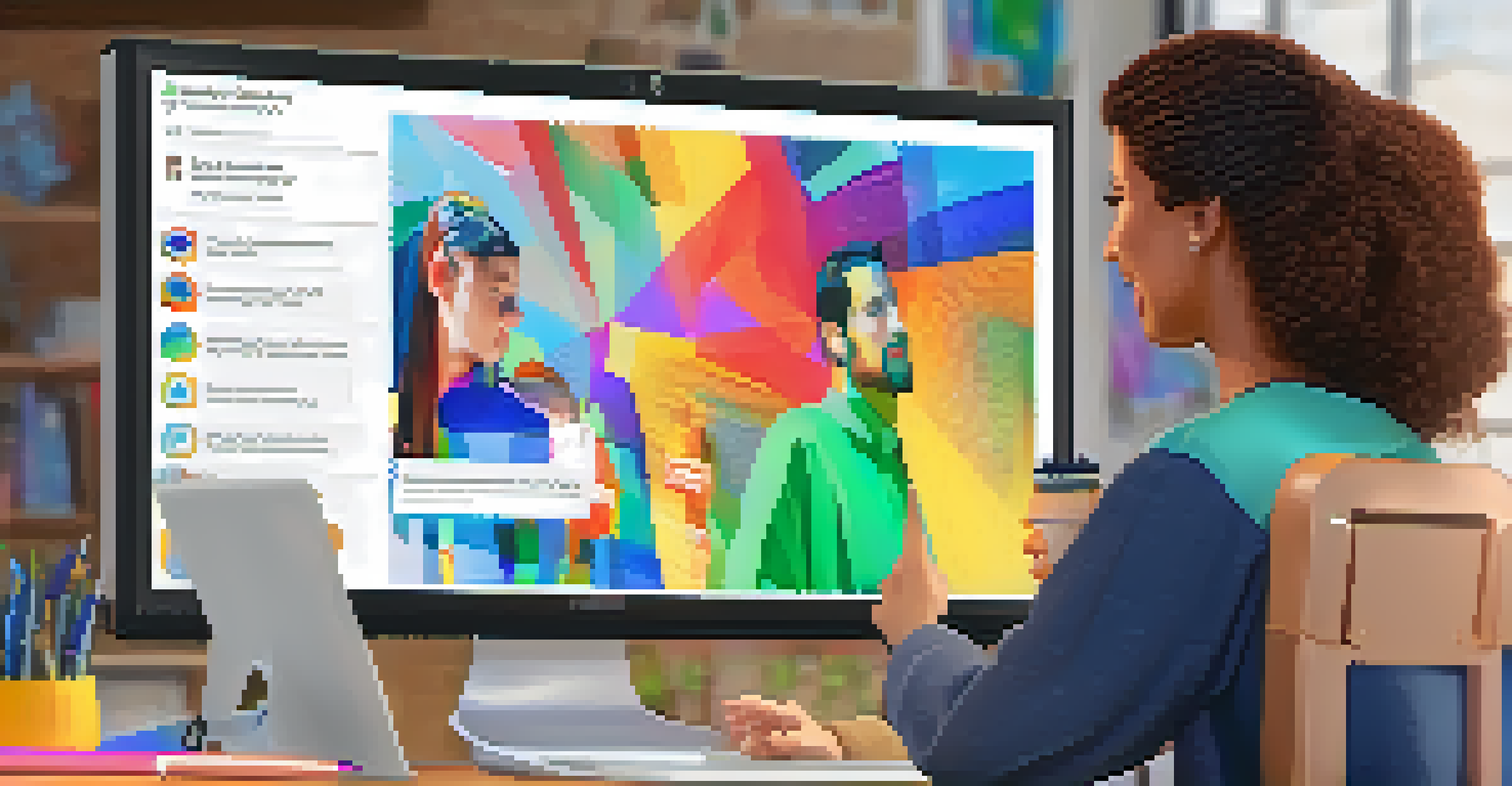 A teacher giving feedback on a student's digital project, highlighting engagement and interaction in a modern workspace with vibrant colors.