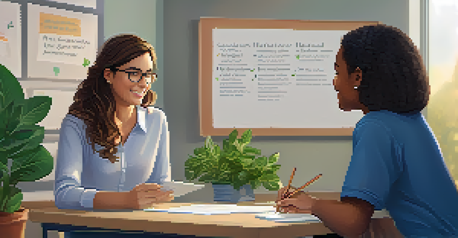 An educator giving feedback to a student in a cozy learning environment, with a whiteboard in the background and soft lighting.