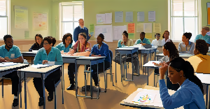A diverse group of educators participating in a crisis training workshop in a classroom setting, with a projector displaying safety protocols.