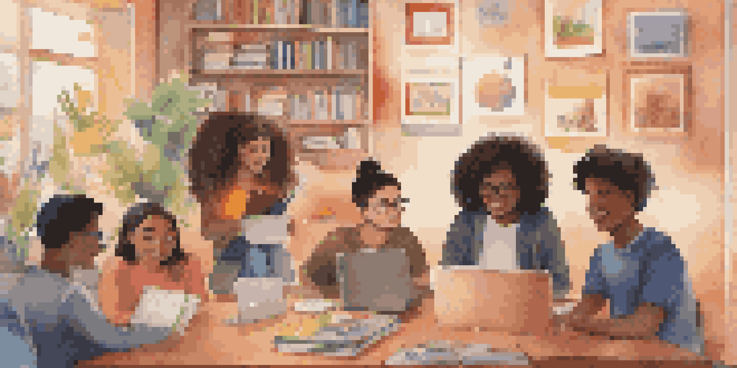 A diverse group of students participating in an online learning session, each in their home environment, surrounded by educational materials.