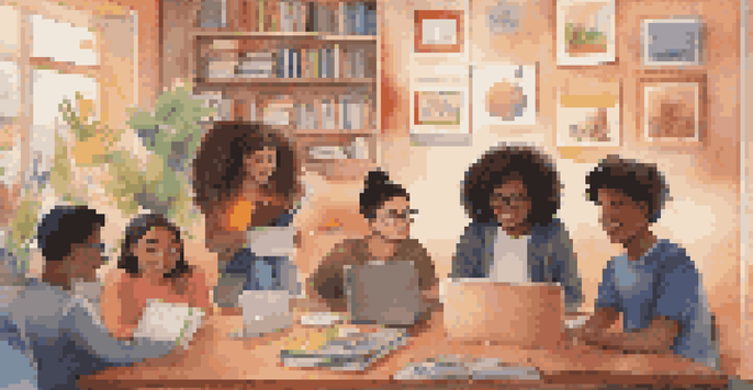 A diverse group of students participating in an online learning session, each in their home environment, surrounded by educational materials.