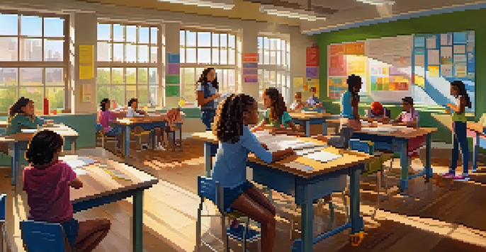 A colorful classroom filled with diverse students engaged in various personalized learning activities, with sunlight streaming through the windows.