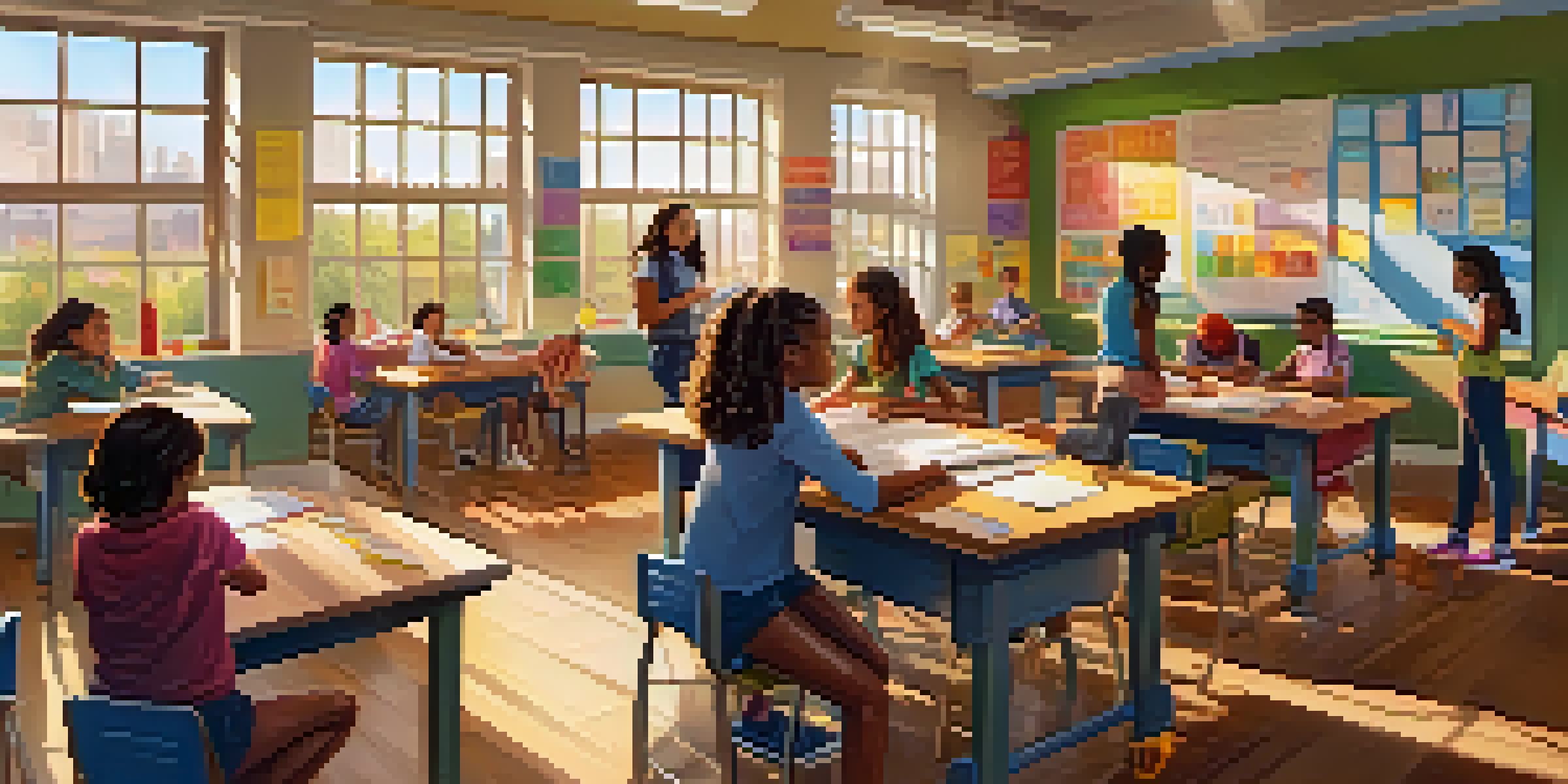 A colorful classroom filled with diverse students engaged in various personalized learning activities, with sunlight streaming through the windows.
