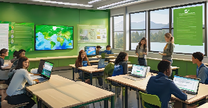 A lively classroom scene where students are participating in blended learning activities, using laptops and engaging in group discussions about environmental education.