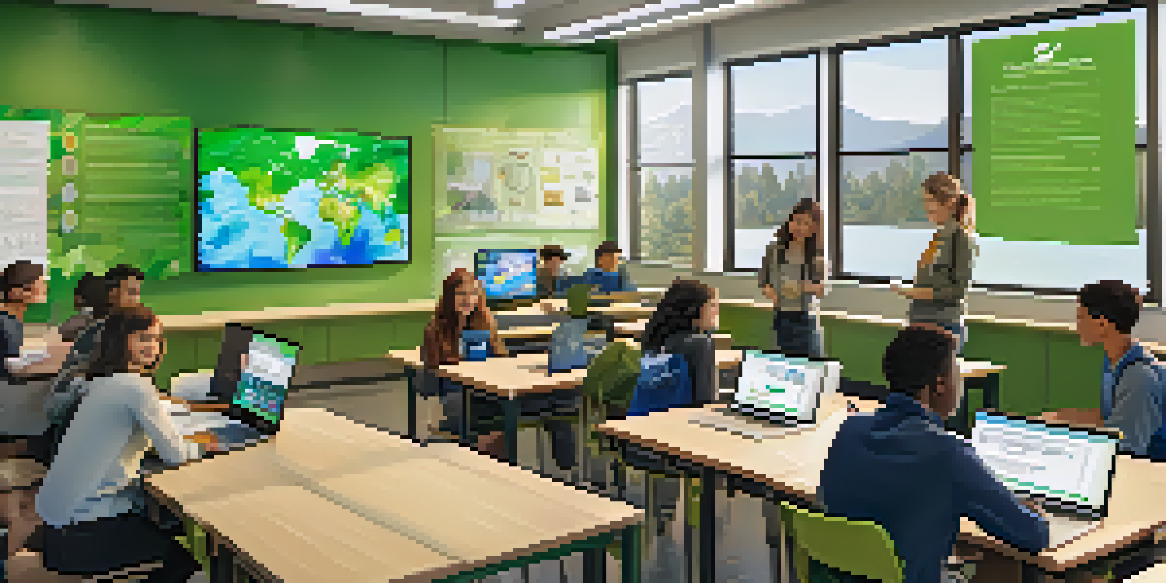 A lively classroom scene where students are participating in blended learning activities, using laptops and engaging in group discussions about environmental education.