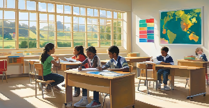 A bright classroom with students collaborating, surrounded by educational materials and sunlight coming through the window.
