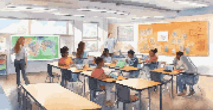 A diverse group of students working together in a modern classroom, using technology for learning.