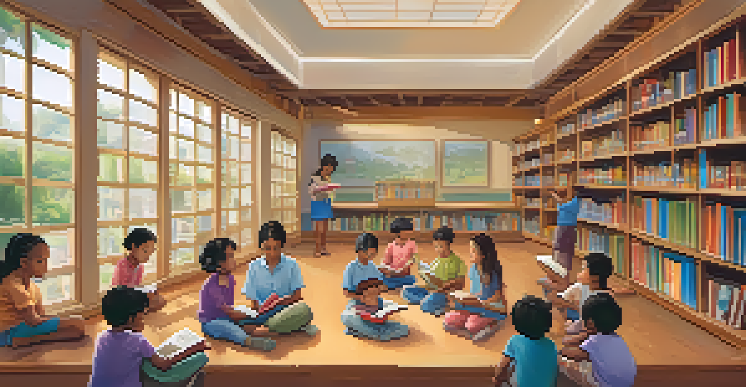 A library scene with a teacher reading a multicultural story to children, surrounded by books and colorful illustrations.