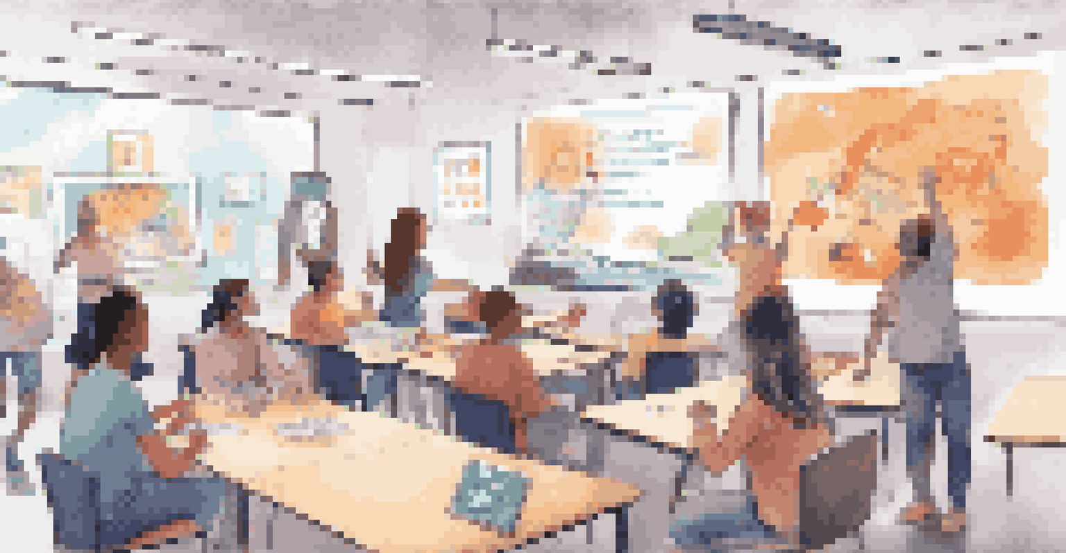 A digital classroom with diverse students participating in an interactive online learning session, featuring gamified elements and a lively teacher, in a bright and inviting setting.