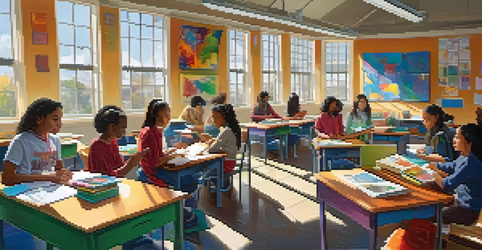 A diverse group of students collaborating on a project in a bright classroom filled with educational materials.