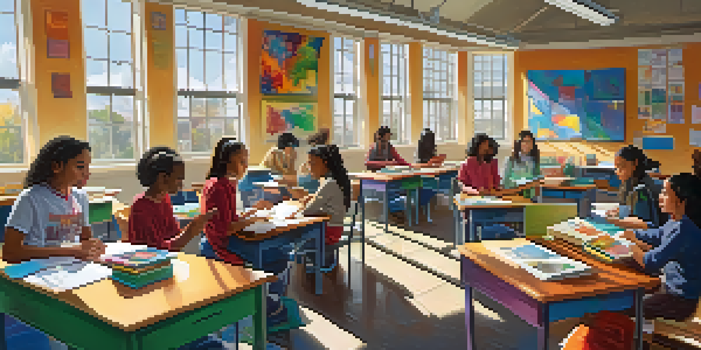 A diverse group of students collaborating on a project in a bright classroom filled with educational materials.